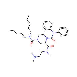 CCCCCN(CCCCC)C(=O)N1CCN(C(=O)N(c2ccccc2)c2ccccc2)[C@H](C(=O)N(C)CCN(C)C)C1 ZINC000026646427