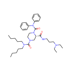 CCCCCN(CCCCC)C(=O)N1CCN(C(=O)N(c2ccccc2)c2ccccc2)[C@H](C(=O)NCCCN(CC)CC)C1 ZINC000026648876