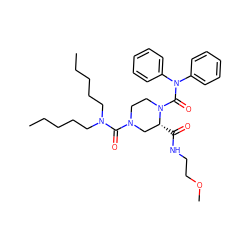 CCCCCN(CCCCC)C(=O)N1CCN(C(=O)N(c2ccccc2)c2ccccc2)[C@H](C(=O)NCCOC)C1 ZINC000003915808