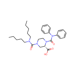 CCCCCN(CCCCC)C(=O)N1CCN(C(=O)N(c2ccccc2)c2ccccc2)[C@H](C(=O)O)C1 ZINC000003786302