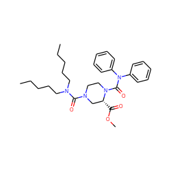 CCCCCN(CCCCC)C(=O)N1CCN(C(=O)N(c2ccccc2)c2ccccc2)[C@H](C(=O)OC)C1 ZINC000026173051