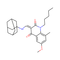 CCCCCN1C(=O)/C(=C/NC23CC4CC(CC(C4)C2)C3)C(=O)c2cc(OC)cc(C)c21 ZINC000474609103