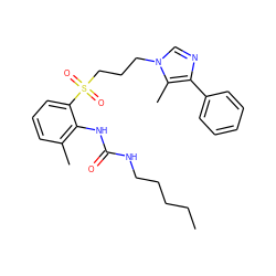 CCCCCNC(=O)Nc1c(C)cccc1S(=O)(=O)CCCn1cnc(-c2ccccc2)c1C ZINC000013827709