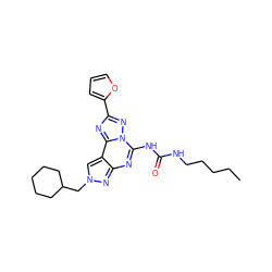 CCCCCNC(=O)Nc1nc2nn(CC3CCCCC3)cc2c2nc(-c3ccco3)nn12 ZINC000013607056