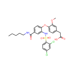 CCCCCNC(=O)c1ccc(Oc2ccc(CC(=O)O)cc2OC)c(NS(=O)(=O)c2ccc(Cl)cc2Cl)c1 ZINC000049679003