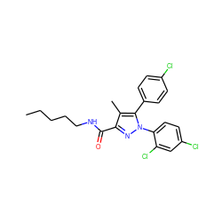 CCCCCNC(=O)c1nn(-c2ccc(Cl)cc2Cl)c(-c2ccc(Cl)cc2)c1C ZINC000013472864