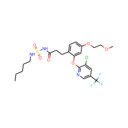 CCCCCNS(=O)(=O)NC(=O)CCc1ccc(OCCOC)cc1Oc1ncc(C(F)(F)F)cc1Cl ZINC000059582980