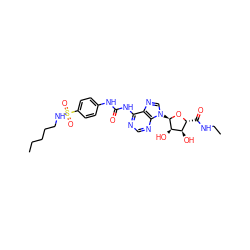 CCCCCNS(=O)(=O)c1ccc(NC(=O)Nc2ncnc3c2ncn3[C@H]2O[C@H](C(=O)NCC)[C@@H](O)[C@H]2O)cc1 ZINC000049771865