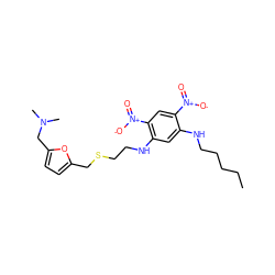 CCCCCNc1cc(NCCSCc2ccc(CN(C)C)o2)c([N+](=O)[O-])cc1[N+](=O)[O-] ZINC000013726489