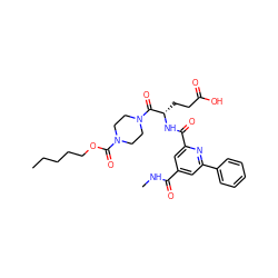 CCCCCOC(=O)N1CCN(C(=O)[C@H](CCC(=O)O)NC(=O)c2cc(C(=O)NC)cc(-c3ccccc3)n2)CC1 ZINC000049762184