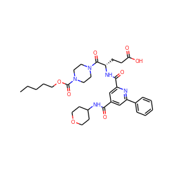 CCCCCOC(=O)N1CCN(C(=O)[C@H](CCC(=O)O)NC(=O)c2cc(C(=O)NC3CCOCC3)cc(-c3ccccc3)n2)CC1 ZINC000049746933