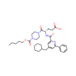 CCCCCOC(=O)N1CCN(C(=O)[C@H](CCC(=O)O)NC(=O)c2cc(CC3CCCCC3)cc(-c3ccccc3)n2)CC1 ZINC000049746513