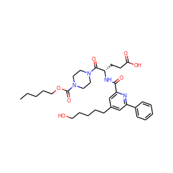 CCCCCOC(=O)N1CCN(C(=O)[C@H](CCC(=O)O)NC(=O)c2cc(CCCCCO)cc(-c3ccccc3)n2)CC1 ZINC000049746515