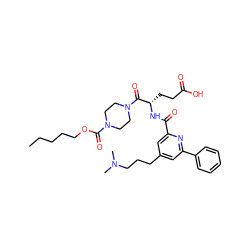 CCCCCOC(=O)N1CCN(C(=O)[C@H](CCC(=O)O)NC(=O)c2cc(CCCN(C)C)cc(-c3ccccc3)n2)CC1 ZINC000049679240