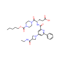 CCCCCOC(=O)N1CCN(C(=O)[C@H](CCC(=O)O)NC(=O)c2cc(N3CC(C(=O)NCC)C3)cc(-c3ccccc3)n2)CC1 ZINC000049745970