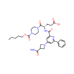 CCCCCOC(=O)N1CCN(C(=O)[C@H](CCC(=O)O)NC(=O)c2cc(N3CC(C(N)=O)C3)cc(-c3ccccc3)n2)CC1 ZINC000049763234