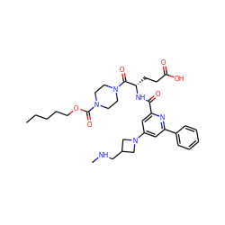 CCCCCOC(=O)N1CCN(C(=O)[C@H](CCC(=O)O)NC(=O)c2cc(N3CC(CNC)C3)cc(-c3ccccc3)n2)CC1 ZINC000049763232