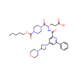 CCCCCOC(=O)N1CCN(C(=O)[C@H](CCC(=O)O)NC(=O)c2cc(N3CC(N4CCOCC4)C3)cc(-c3ccccc3)n2)CC1 ZINC000049763131