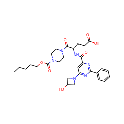 CCCCCOC(=O)N1CCN(C(=O)[C@H](CCC(=O)O)NC(=O)c2cc(N3CC(O)C3)nc(-c3ccccc3)n2)CC1 ZINC000049678589