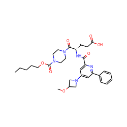 CCCCCOC(=O)N1CCN(C(=O)[C@H](CCC(=O)O)NC(=O)c2cc(N3CC(OC)C3)cc(-c3ccccc3)n2)CC1 ZINC000049763129