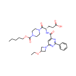 CCCCCOC(=O)N1CCN(C(=O)[C@H](CCC(=O)O)NC(=O)c2cc(N3CC(OCC)C3)nc(-c3ccccc3)n2)CC1 ZINC000049678398