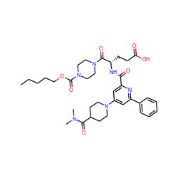 CCCCCOC(=O)N1CCN(C(=O)[C@H](CCC(=O)O)NC(=O)c2cc(N3CCC(C(=O)N(C)C)CC3)cc(-c3ccccc3)n2)CC1 ZINC000049763253