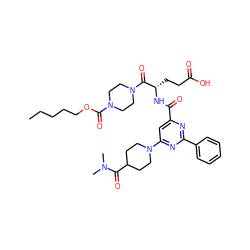 CCCCCOC(=O)N1CCN(C(=O)[C@H](CCC(=O)O)NC(=O)c2cc(N3CCC(C(=O)N(C)C)CC3)nc(-c3ccccc3)n2)CC1 ZINC000049694475