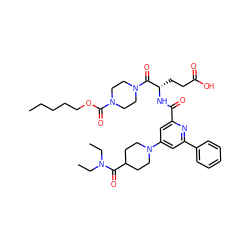 CCCCCOC(=O)N1CCN(C(=O)[C@H](CCC(=O)O)NC(=O)c2cc(N3CCC(C(=O)N(CC)CC)CC3)cc(-c3ccccc3)n2)CC1 ZINC000049745585