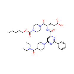 CCCCCOC(=O)N1CCN(C(=O)[C@H](CCC(=O)O)NC(=O)c2cc(N3CCC(C(=O)N(CC)CC)CC3)nc(-c3ccccc3)n2)CC1 ZINC000049694476