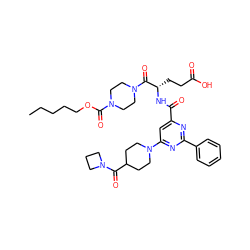 CCCCCOC(=O)N1CCN(C(=O)[C@H](CCC(=O)O)NC(=O)c2cc(N3CCC(C(=O)N4CCC4)CC3)nc(-c3ccccc3)n2)CC1 ZINC000049678466