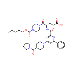 CCCCCOC(=O)N1CCN(C(=O)[C@H](CCC(=O)O)NC(=O)c2cc(N3CCC(C(=O)N4CCCC4)CC3)cc(-c3ccccc3)n2)CC1 ZINC000049763034