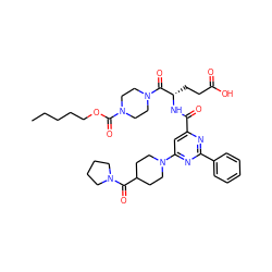 CCCCCOC(=O)N1CCN(C(=O)[C@H](CCC(=O)O)NC(=O)c2cc(N3CCC(C(=O)N4CCCC4)CC3)nc(-c3ccccc3)n2)CC1 ZINC000049694544