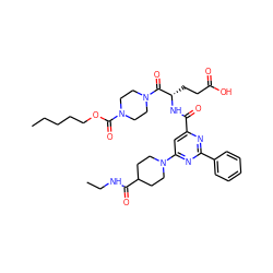 CCCCCOC(=O)N1CCN(C(=O)[C@H](CCC(=O)O)NC(=O)c2cc(N3CCC(C(=O)NCC)CC3)nc(-c3ccccc3)n2)CC1 ZINC000049679966