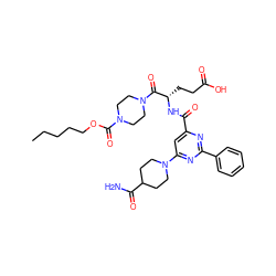 CCCCCOC(=O)N1CCN(C(=O)[C@H](CCC(=O)O)NC(=O)c2cc(N3CCC(C(N)=O)CC3)nc(-c3ccccc3)n2)CC1 ZINC000049694474