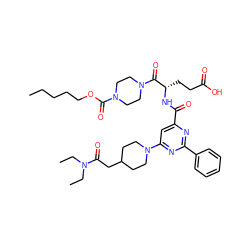 CCCCCOC(=O)N1CCN(C(=O)[C@H](CCC(=O)O)NC(=O)c2cc(N3CCC(CC(=O)N(CC)CC)CC3)nc(-c3ccccc3)n2)CC1 ZINC000049679779