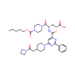 CCCCCOC(=O)N1CCN(C(=O)[C@H](CCC(=O)O)NC(=O)c2cc(N3CCC(CC(=O)N4CCC4)CC3)nc(-c3ccccc3)n2)CC1 ZINC000049695218