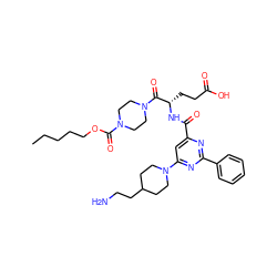 CCCCCOC(=O)N1CCN(C(=O)[C@H](CCC(=O)O)NC(=O)c2cc(N3CCC(CCN)CC3)nc(-c3ccccc3)n2)CC1 ZINC000049679494