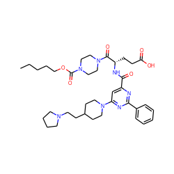 CCCCCOC(=O)N1CCN(C(=O)[C@H](CCC(=O)O)NC(=O)c2cc(N3CCC(CCN4CCCC4)CC3)nc(-c3ccccc3)n2)CC1 ZINC000049694491