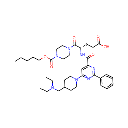 CCCCCOC(=O)N1CCN(C(=O)[C@H](CCC(=O)O)NC(=O)c2cc(N3CCC(CN(CC)CC)CC3)nc(-c3ccccc3)n2)CC1 ZINC000049678149