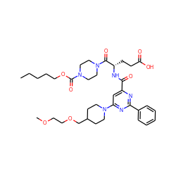 CCCCCOC(=O)N1CCN(C(=O)[C@H](CCC(=O)O)NC(=O)c2cc(N3CCC(COCCOC)CC3)nc(-c3ccccc3)n2)CC1 ZINC000049694395