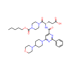 CCCCCOC(=O)N1CCN(C(=O)[C@H](CCC(=O)O)NC(=O)c2cc(N3CCC(N4CCOCC4)CC3)nc(-c3ccccc3)n2)CC1 ZINC000049677771