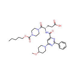 CCCCCOC(=O)N1CCN(C(=O)[C@H](CCC(=O)O)NC(=O)c2cc(N3CCC(OC)CC3)nc(-c3ccccc3)n2)CC1 ZINC000049679368