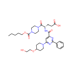 CCCCCOC(=O)N1CCN(C(=O)[C@H](CCC(=O)O)NC(=O)c2cc(N3CCC(OCCO)CC3)nc(-c3ccccc3)n2)CC1 ZINC000049694585