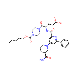 CCCCCOC(=O)N1CCN(C(=O)[C@H](CCC(=O)O)NC(=O)c2cc(N3CCC[C@H](C(N)=O)C3)cc(-c3ccccc3)n2)CC1 ZINC000049745593