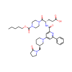 CCCCCOC(=O)N1CCN(C(=O)[C@H](CCC(=O)O)NC(=O)c2cc(N3CCC[C@H](CN4CCCC4=O)C3)cc(-c3ccccc3)n2)CC1 ZINC000049763057