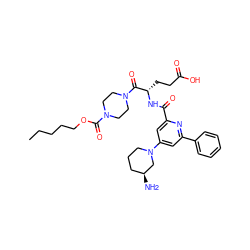 CCCCCOC(=O)N1CCN(C(=O)[C@H](CCC(=O)O)NC(=O)c2cc(N3CCC[C@H](N)C3)cc(-c3ccccc3)n2)CC1 ZINC000049762981