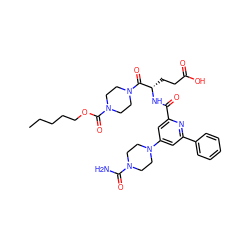 CCCCCOC(=O)N1CCN(C(=O)[C@H](CCC(=O)O)NC(=O)c2cc(N3CCN(C(N)=O)CC3)cc(-c3ccccc3)n2)CC1 ZINC000049745754