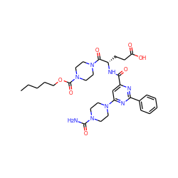 CCCCCOC(=O)N1CCN(C(=O)[C@H](CCC(=O)O)NC(=O)c2cc(N3CCN(C(N)=O)CC3)nc(-c3ccccc3)n2)CC1 ZINC000049694381