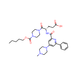 CCCCCOC(=O)N1CCN(C(=O)[C@H](CCC(=O)O)NC(=O)c2cc(N3CCN(C)CC3)cc(-c3ccccc3)n2)CC1 ZINC000049746750