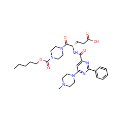 CCCCCOC(=O)N1CCN(C(=O)[C@H](CCC(=O)O)NC(=O)c2cc(N3CCN(C)CC3)nc(-c3ccccc3)n2)CC1 ZINC000049670030